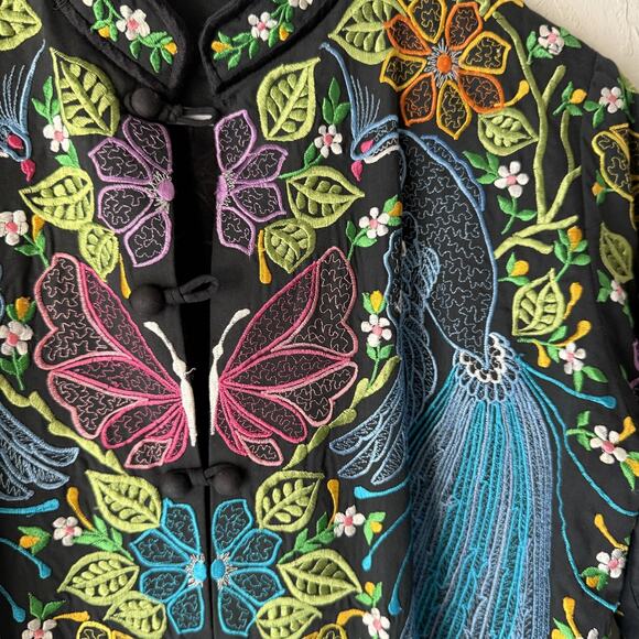 Vintage Jacket Womens L Black Multicolor Embroidered Floral Butterfly Asian Boho - Picture 4 of 8